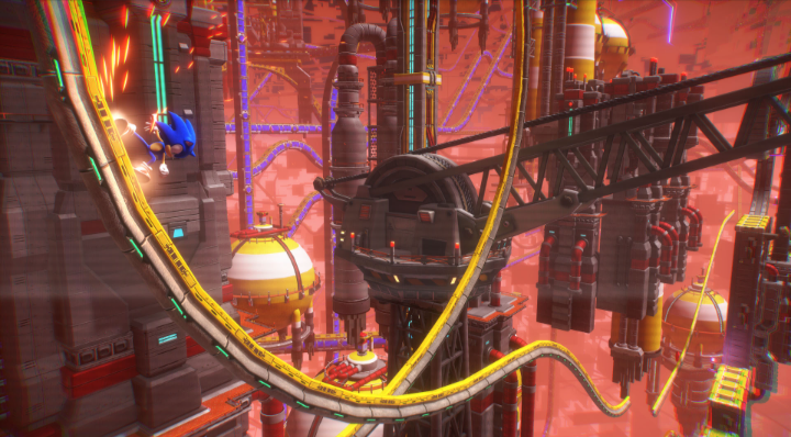 Sonic rail grinding in a cyberspace level