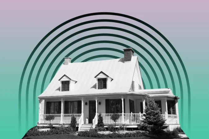 A house model and calculator beside mortgage rate figures and loan options