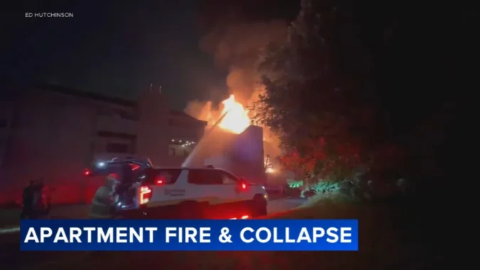 Three Alarm Apartment Fire Damages 12 Units and Triggers Partial Collapse at Narraticon Apartments in Deptford Township as Investigators Search for Cause Fire crews respond to a burning apartment building with smoke and flames rising from the roof
