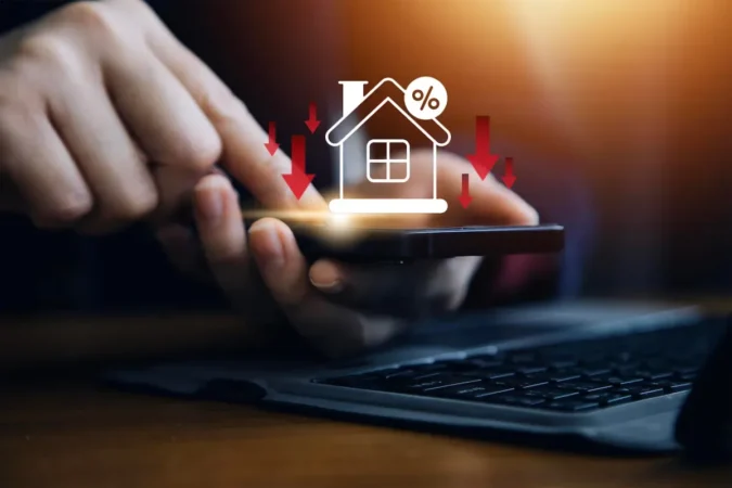 A house model beside a calculator and mortgage rate chart