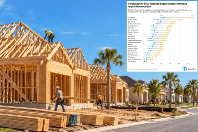 Affordability Squeeze Pushes More Homebuilder Sales to FHA Loans as Big Builders Lean on Lower Down Payments and Rate Buydowns Newly built homes in a residential subdivision with a for sale sign