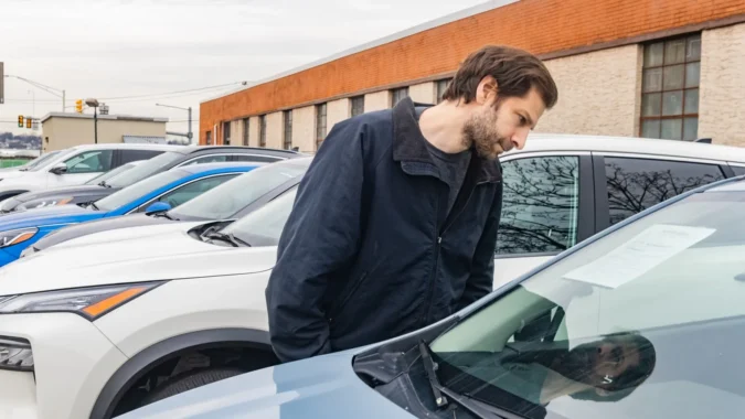 Rows of new cars on a dealership lot with financing trends affecting buyers