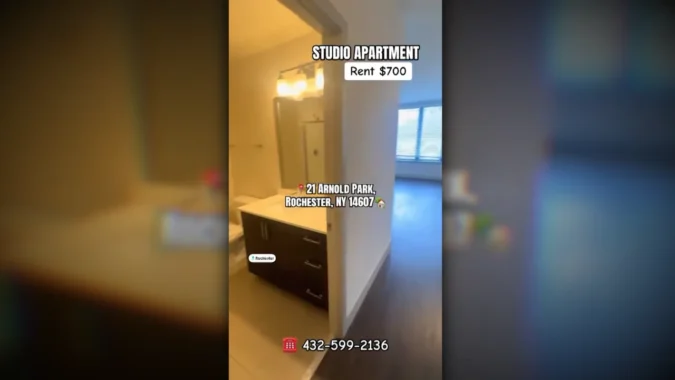 A smartphone showing a social media rental listing with warning signs of fraud