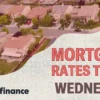 A house with a mortgage rate chart showing falling purchase and refinance rates