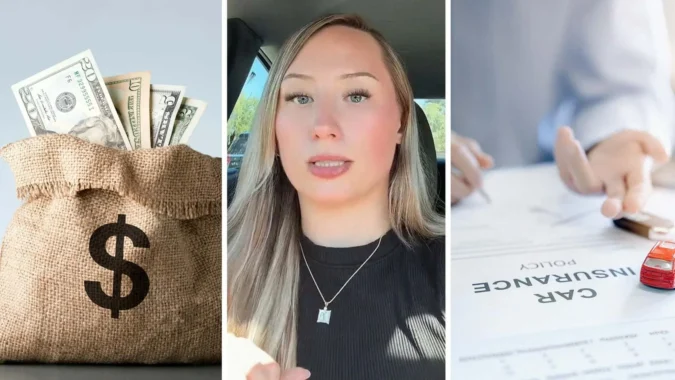 Woman reviewing a car loan statement on her phone after spotting an insurance charge